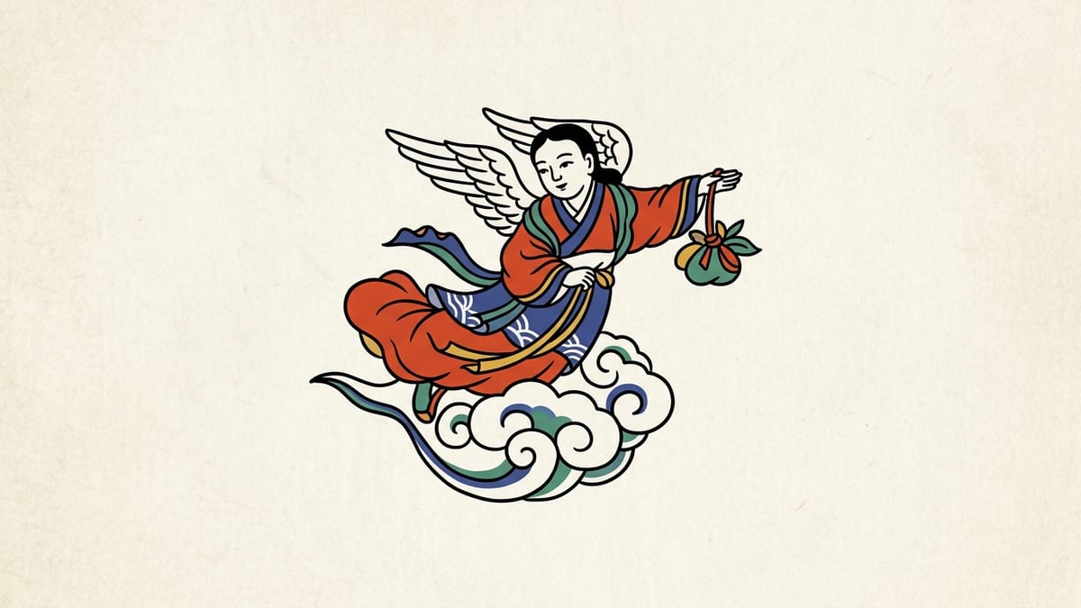 천사 꿈해몽 대표 이미지 (한국 전통 민화풍 일러스트)