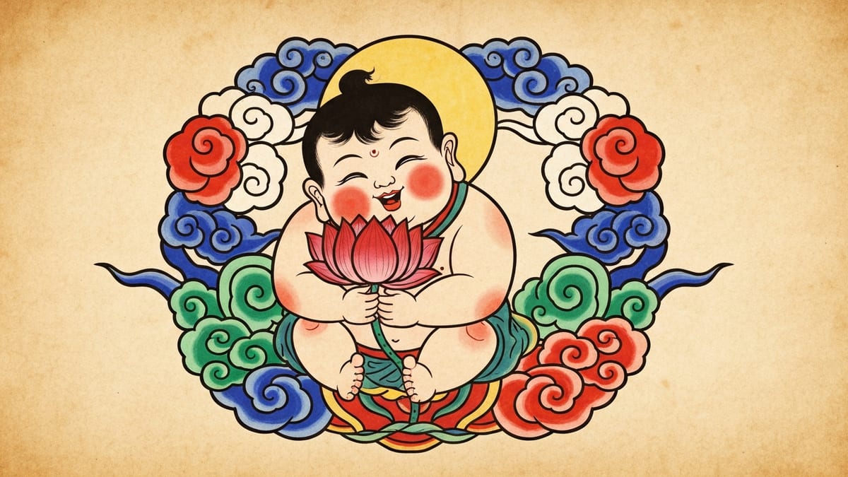아기 꿈해몽 대표 이미지 (한국 전통 민화풍 일러스트)
