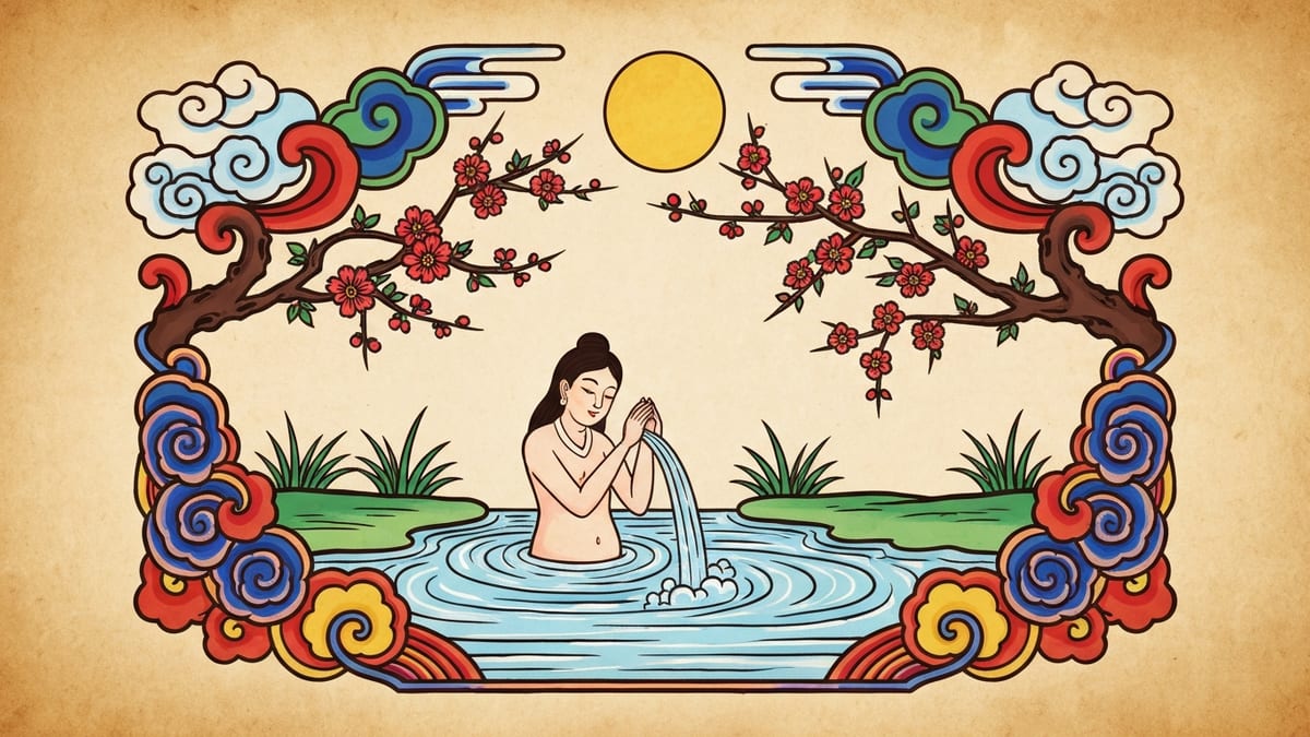 목욕 꿈해몽 대표 이미지 (한국 전통 민화풍 일러스트)