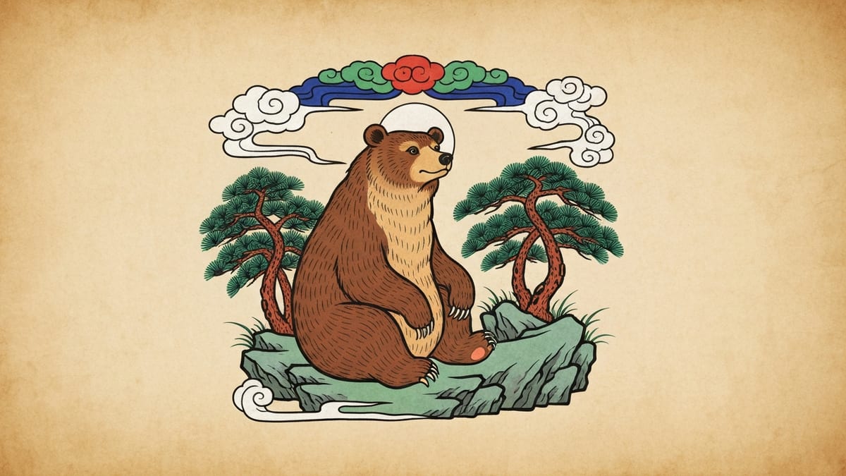 곰 꿈해몽 대표 이미지 (한국 전통 민화풍 일러스트)