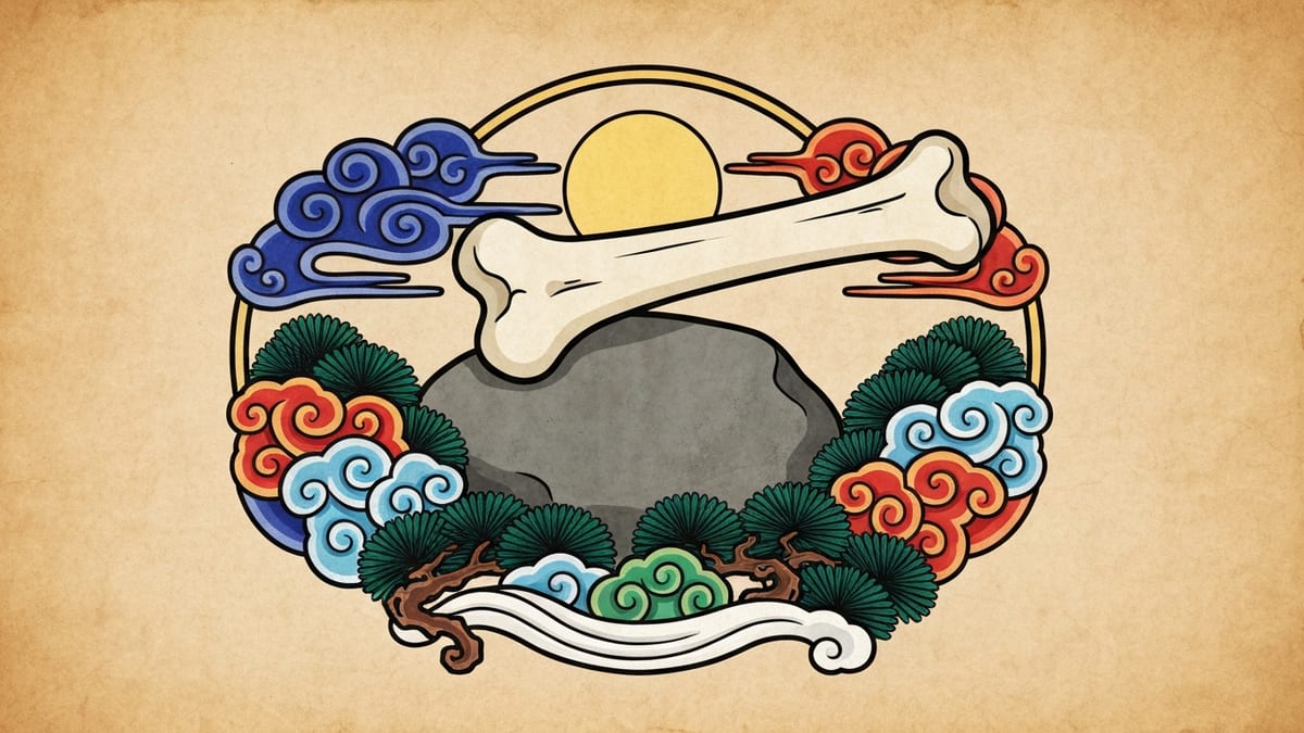 뼈 꿈해몽 대표 이미지 (한국 전통 민화풍 일러스트)