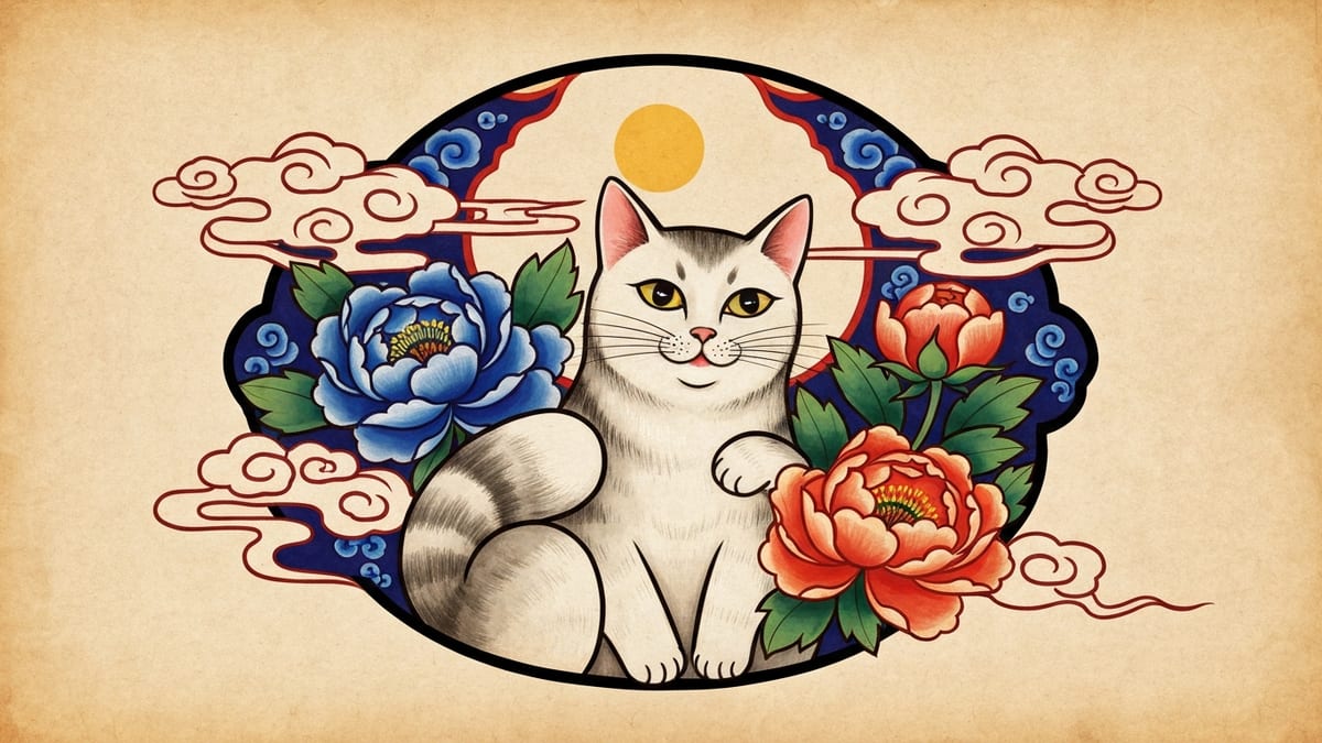 고양이 꿈해몽 대표 이미지 (한국 전통 민화풍 일러스트)