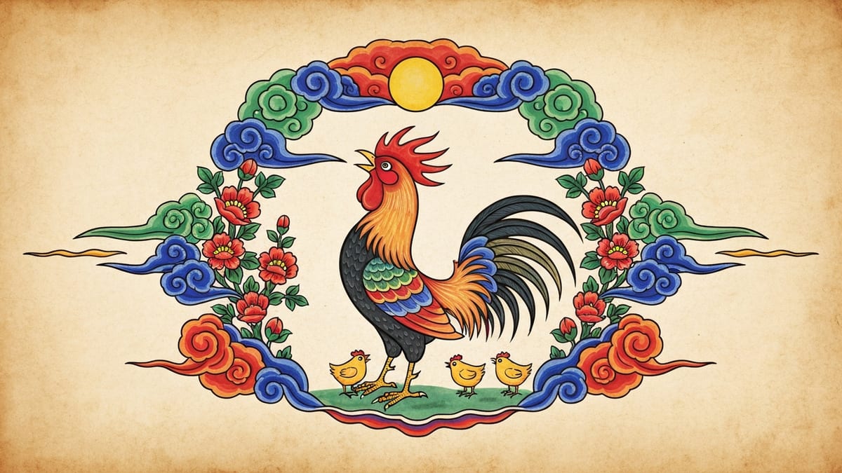 닭 꿈해몽 대표 이미지 (한국 전통 민화풍 일러스트)