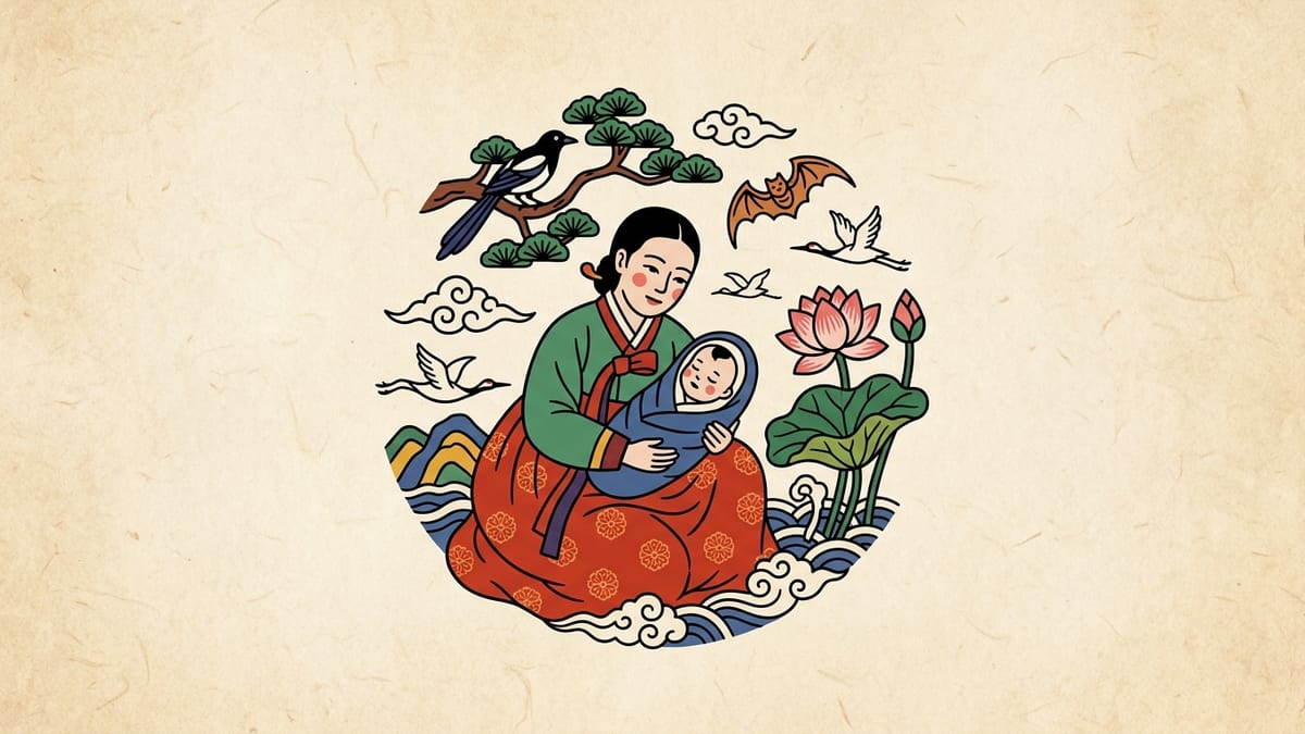 출산 꿈해몽 대표 이미지 (한국 전통 민화풍 일러스트)
