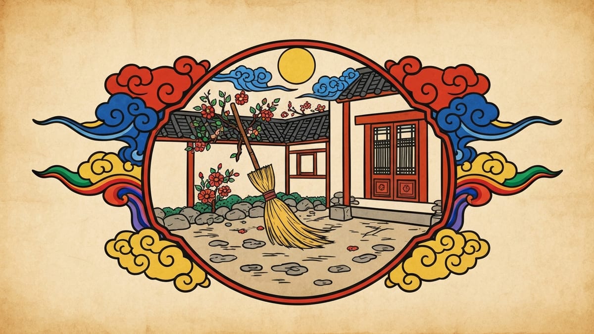 청소 꿈해몽 대표 이미지 (한국 전통 민화풍 일러스트)