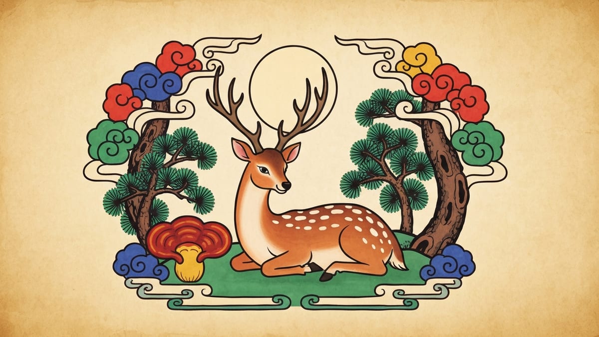 사슴 꿈해몽 대표 이미지 (한국 전통 민화풍 일러스트)