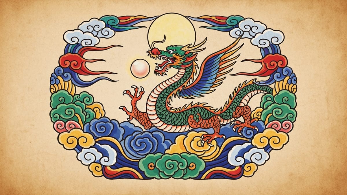 용 꿈해몽 대표 이미지 (한국 전통 민화풍 일러스트)