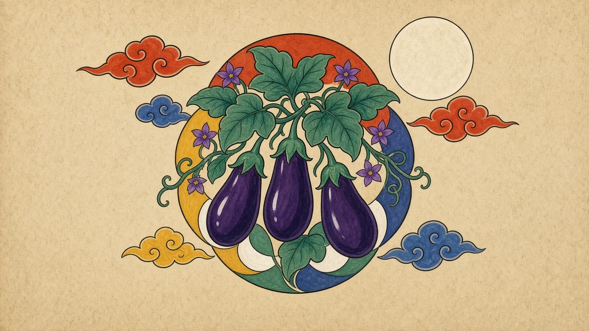 가지 꿈해몽 대표 이미지 (한국 전통 민화풍 일러스트)