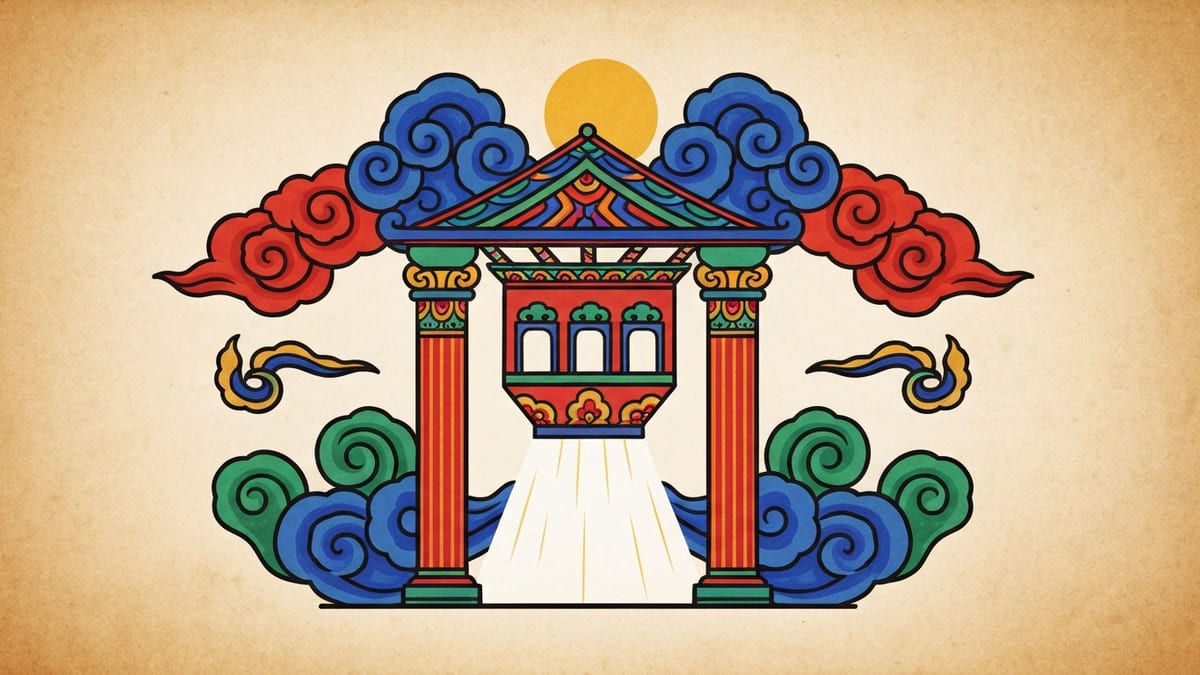 엘리베이터 꿈해몽 대표 이미지 (한국 전통 민화풍 일러스트)