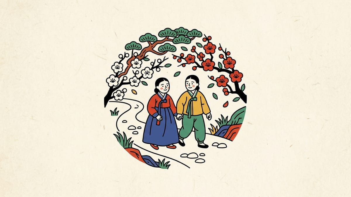 친구 꿈해몽 대표 이미지 (한국 전통 민화풍 일러스트)