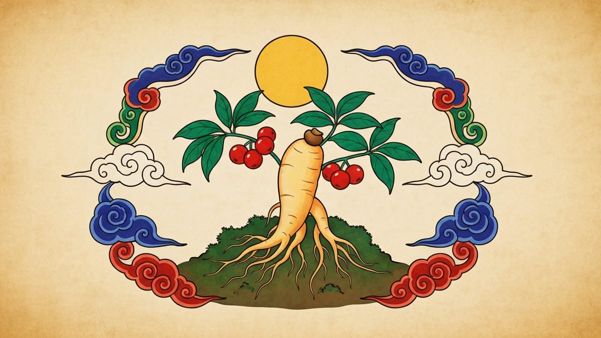 인삼 꿈해몽 대표 이미지 (한국 전통 민화풍 일러스트)