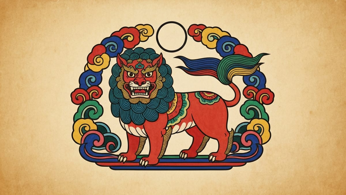 사자 꿈해몽 대표 이미지 (한국 전통 민화풍 일러스트)