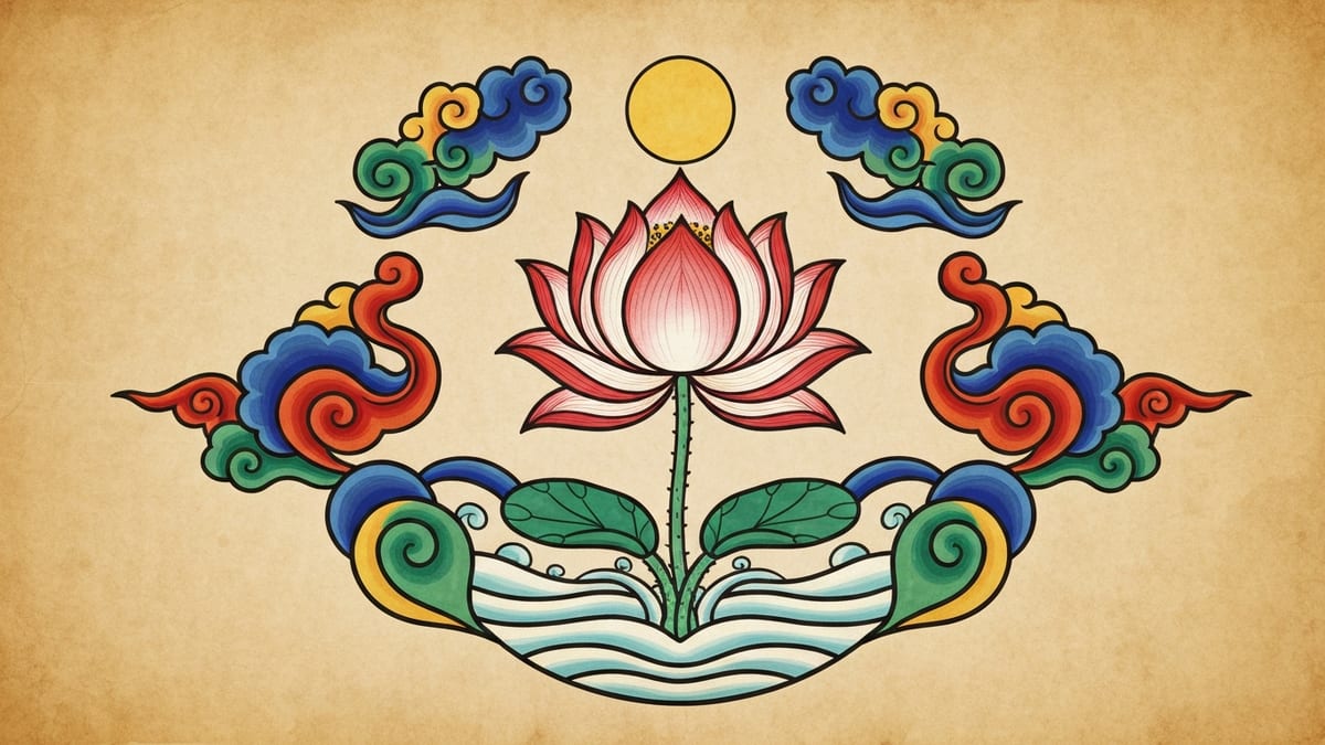 연꽃 꿈해몽 대표 이미지 (한국 전통 민화풍 일러스트)