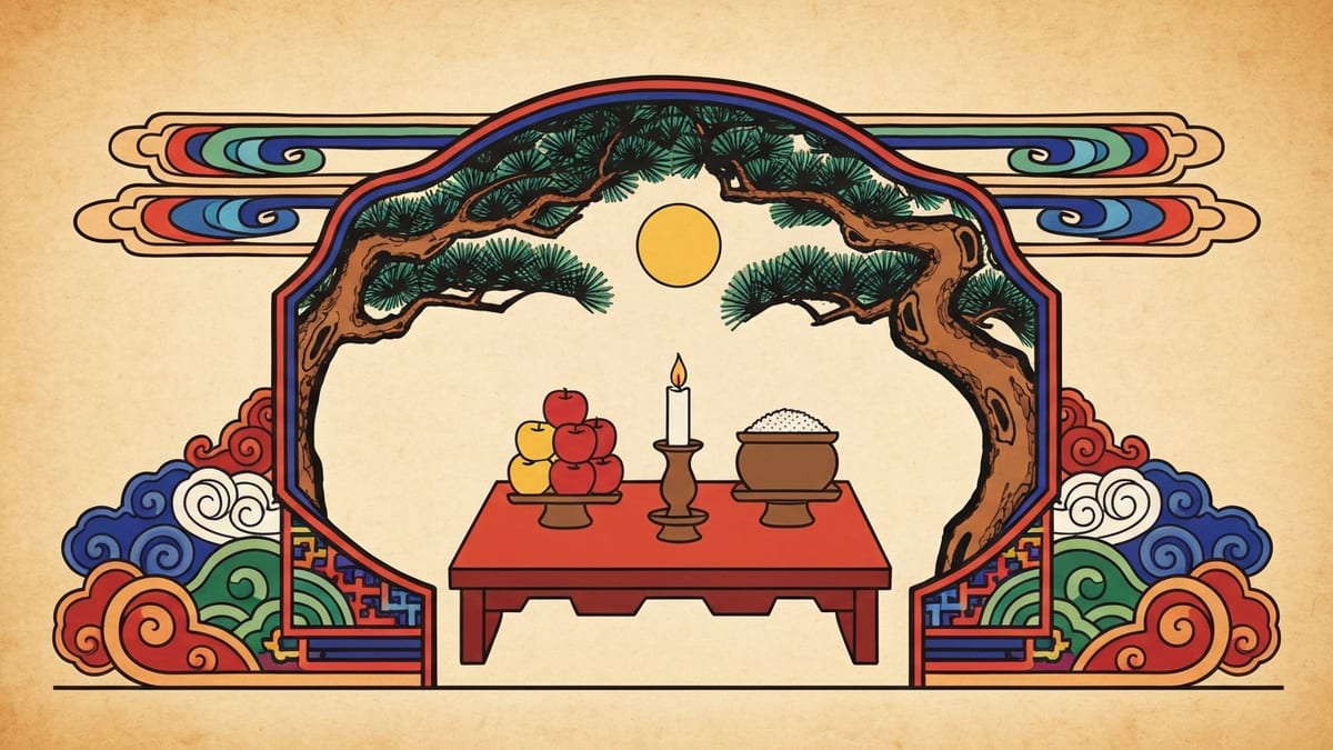제사 꿈해몽 대표 이미지 (한국 전통 민화풍 일러스트)