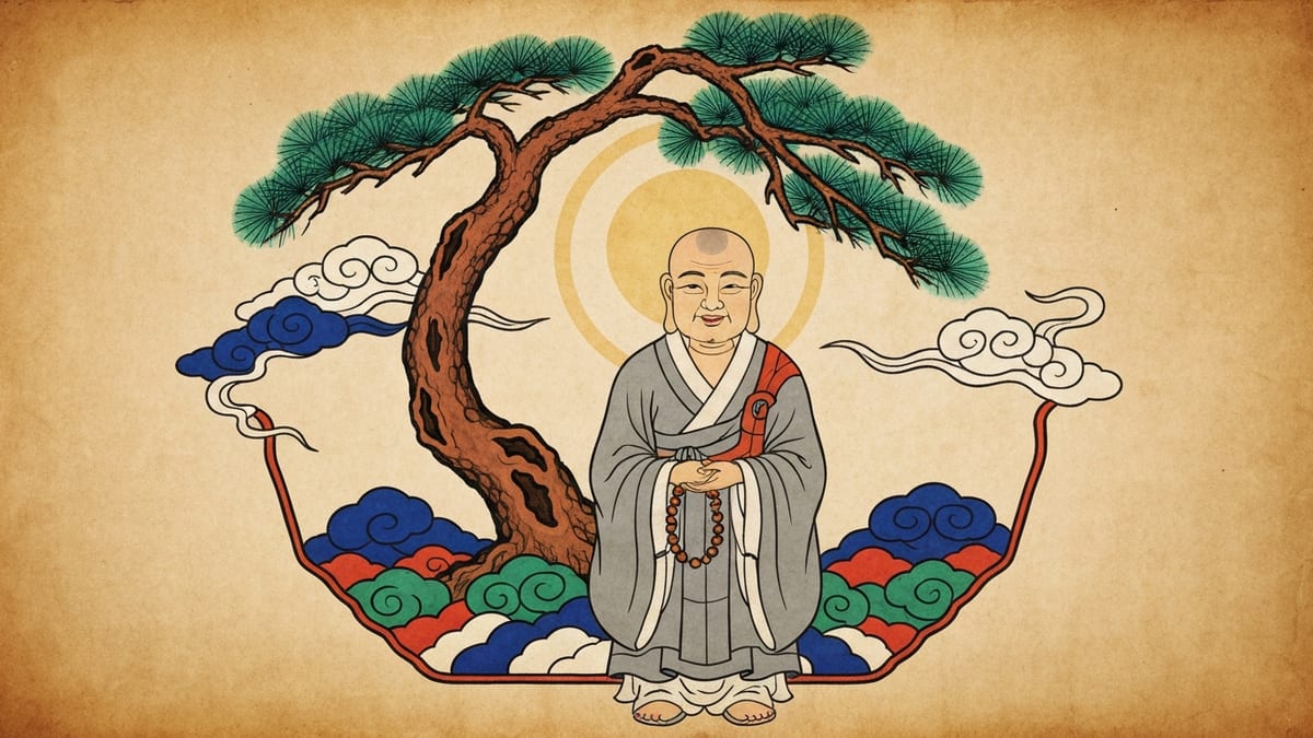 스님 꿈해몽 대표 이미지 (한국 전통 민화풍 일러스트)