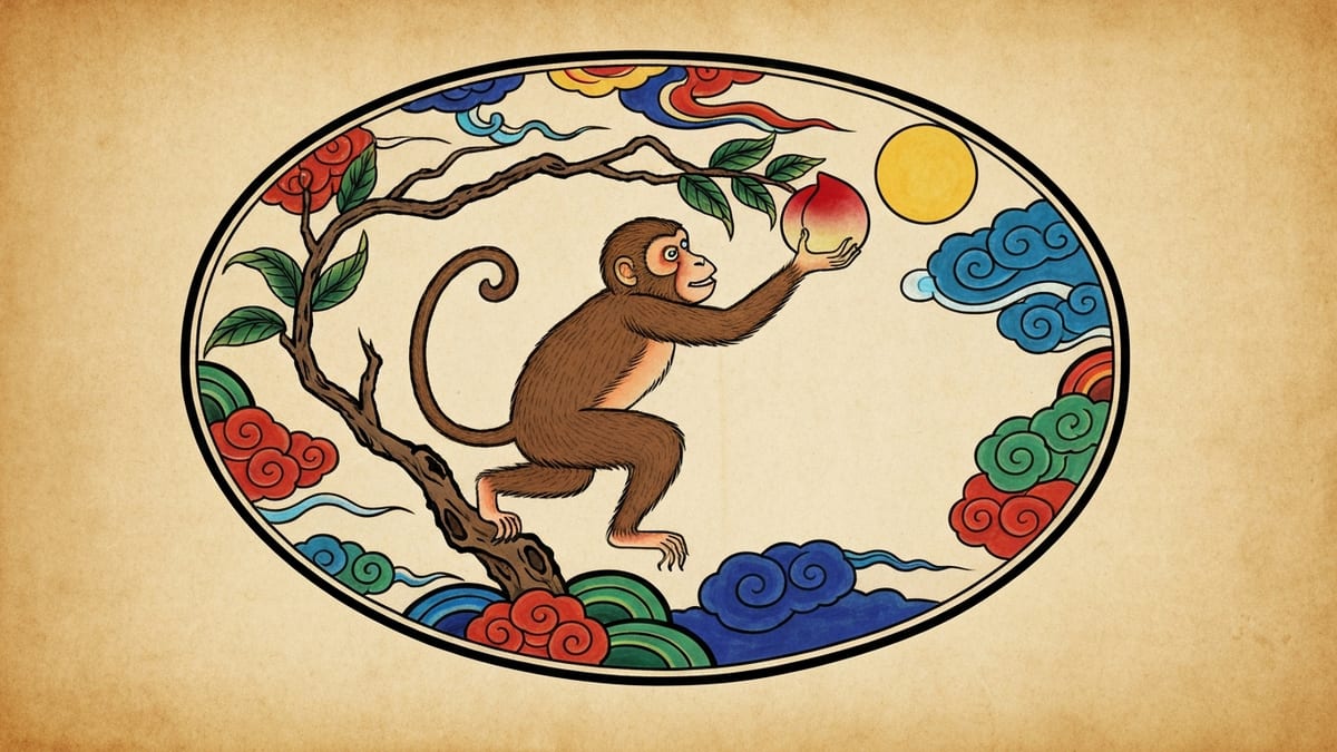 원숭이 꿈해몽 대표 이미지 (한국 전통 민화풍 일러스트)