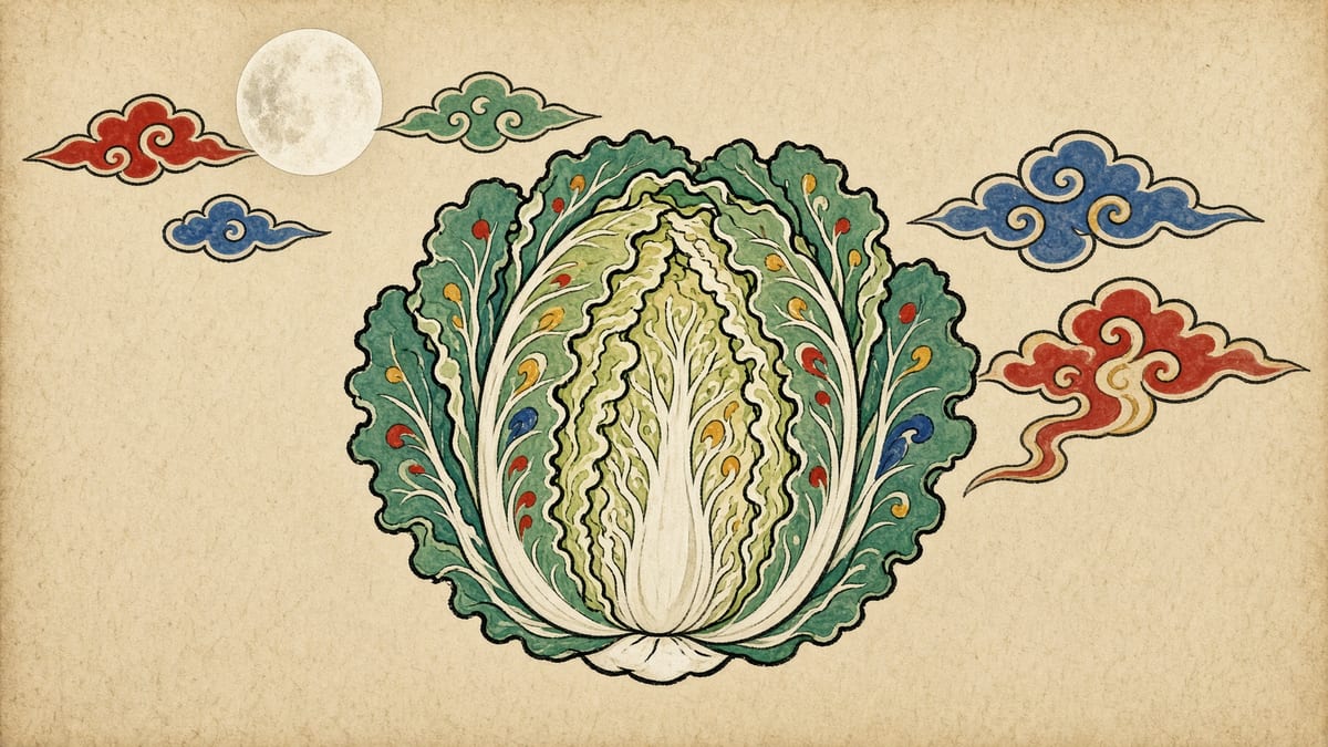 배추 꿈해몽 대표 이미지 (한국 전통 민화풍 일러스트)