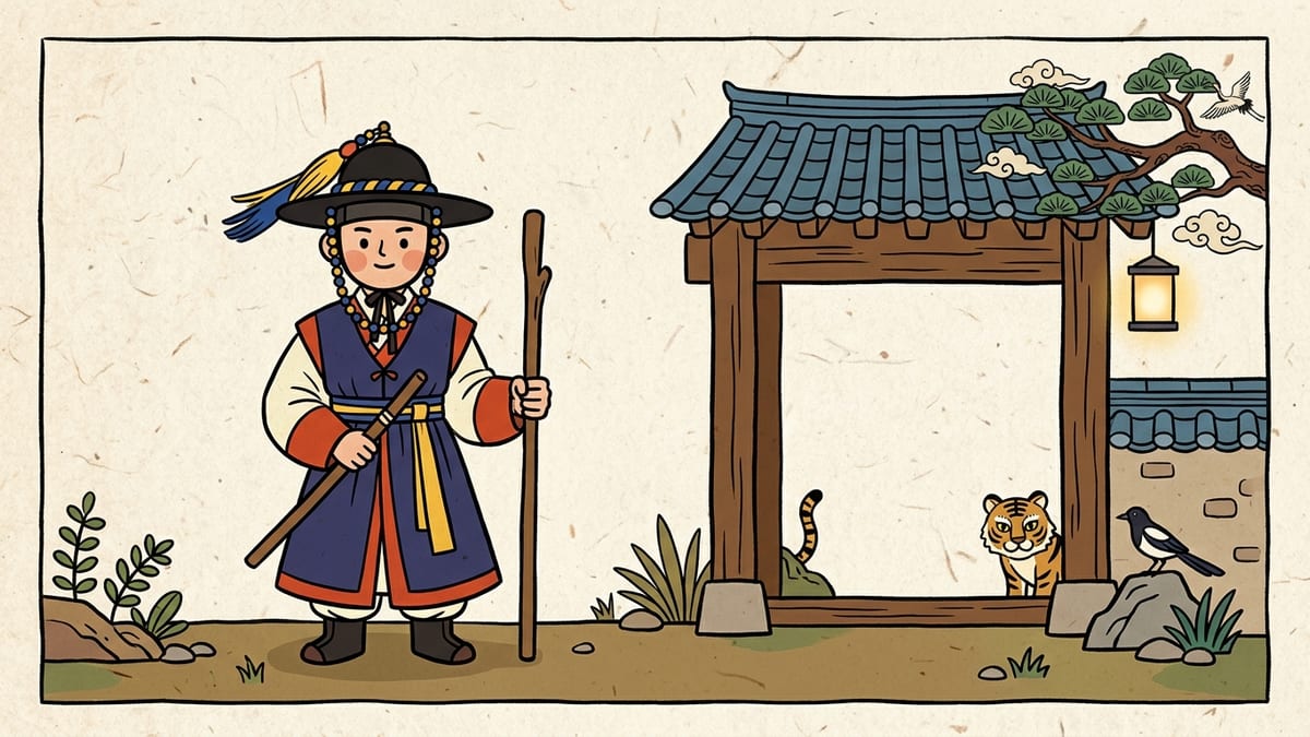 경찰 꿈해몽 대표 이미지 (한국 전통 민화풍 일러스트)