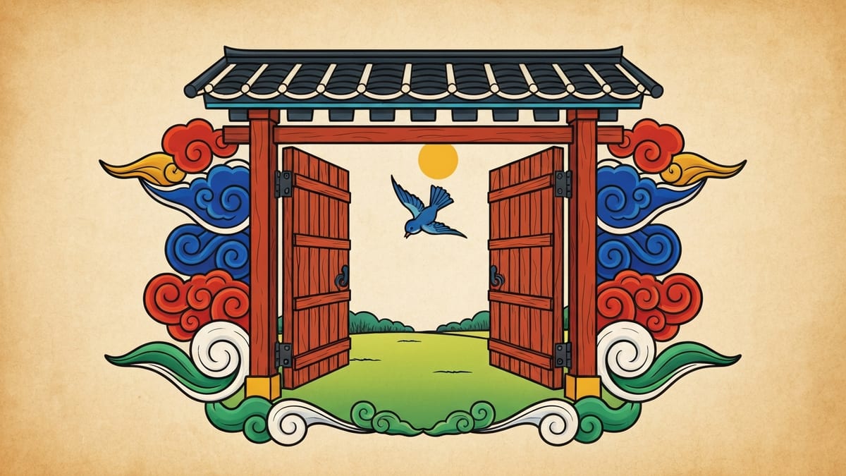감옥 꿈해몽 대표 이미지 (한국 전통 민화풍 일러스트)
