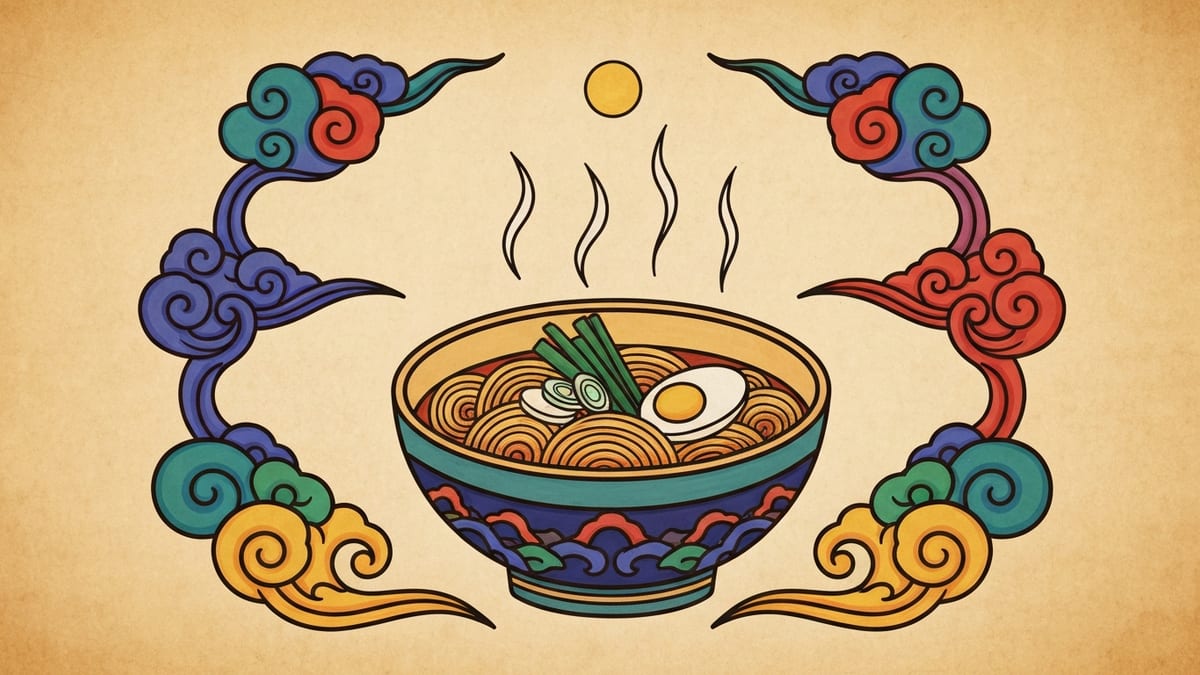 라면 꿈해몽 대표 이미지 (한국 전통 민화풍 일러스트)