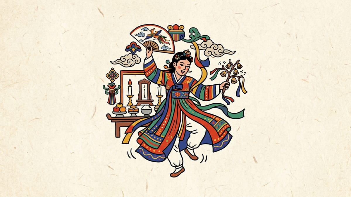 무당 꿈해몽 대표 이미지 (한국 전통 민화풍 일러스트)