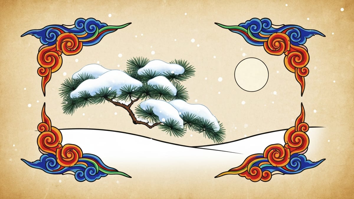 눈 꿈해몽 대표 이미지 (한국 전통 민화풍 일러스트)