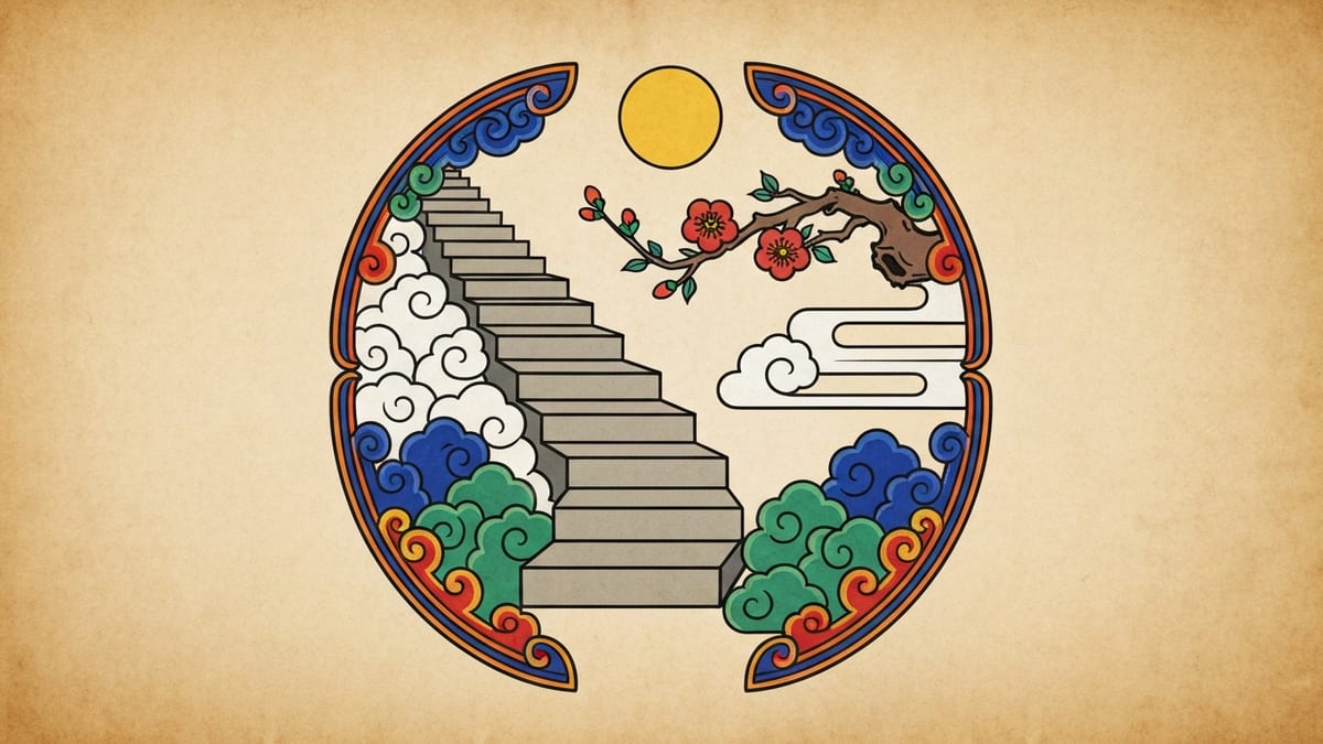계단 꿈해몽 대표 이미지 (한국 전통 민화풍 일러스트)