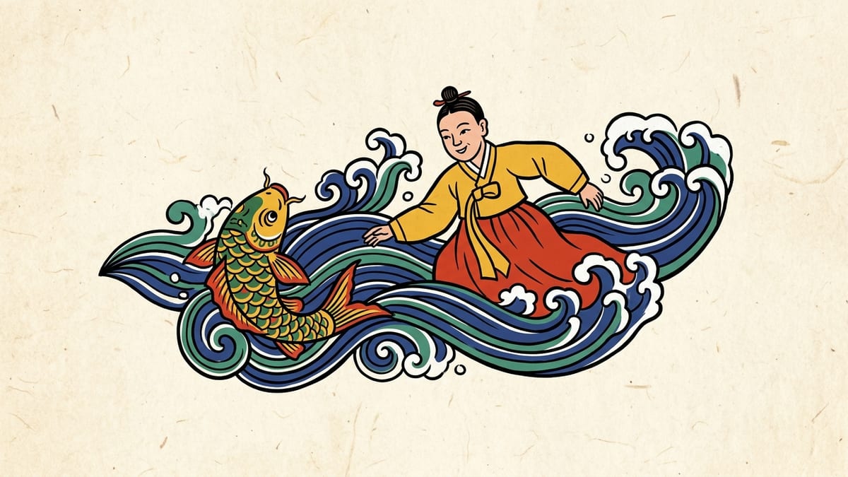수영 꿈해몽 대표 이미지 (한국 전통 민화풍 일러스트)