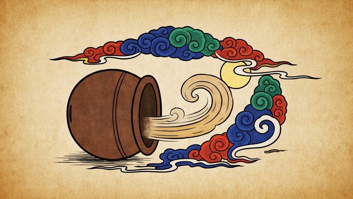 토하다 꿈해몽 대표 이미지 (한국 전통 민화풍 일러스트)