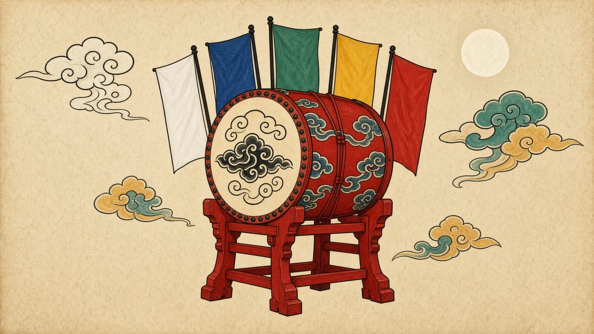 전쟁 꿈해몽 대표 이미지 (한국 전통 민화풍 일러스트)