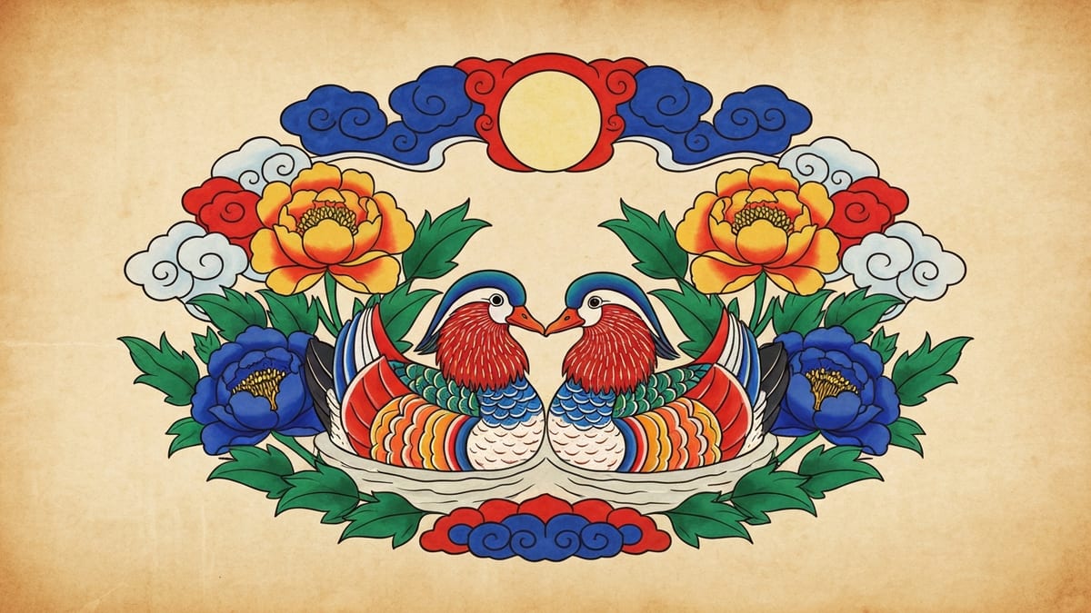 결혼 꿈해몽 대표 이미지 (한국 전통 민화풍 일러스트)