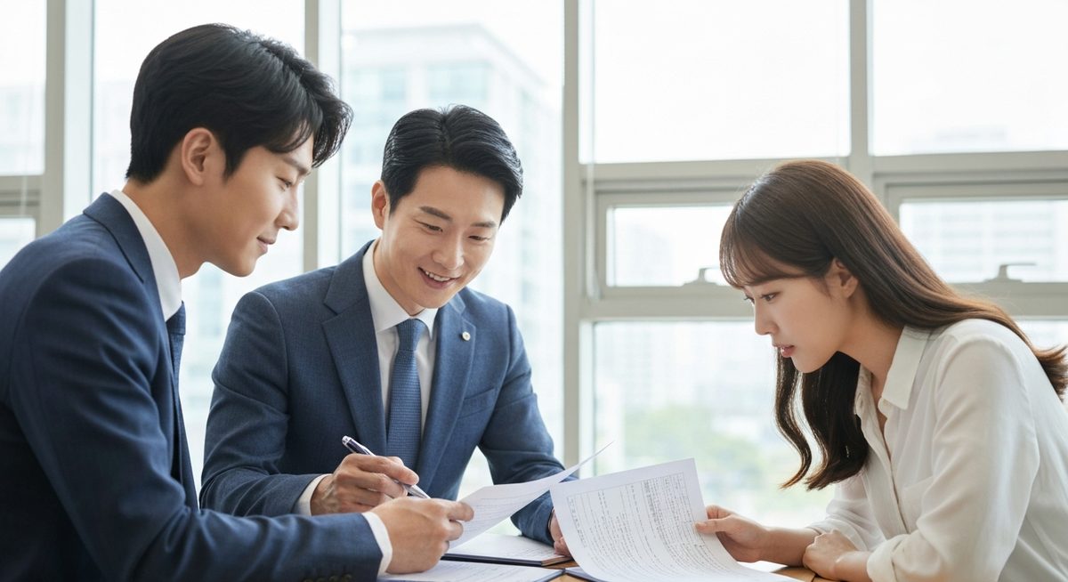 한국 부동산 중개사가 젊은 한국인 부부에게 계약 서류를 설명하는 모습
