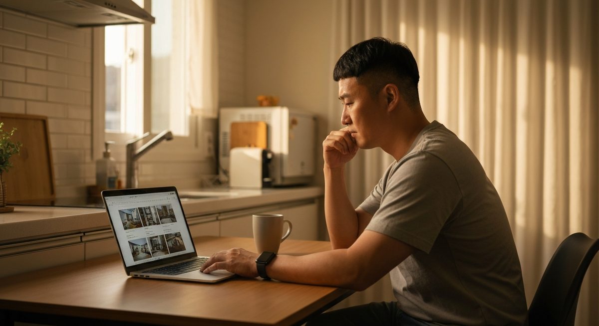 한국 남성이 부엌 테이블에서 노트북으로 부동산 매물을 살피며 고민하는 모습