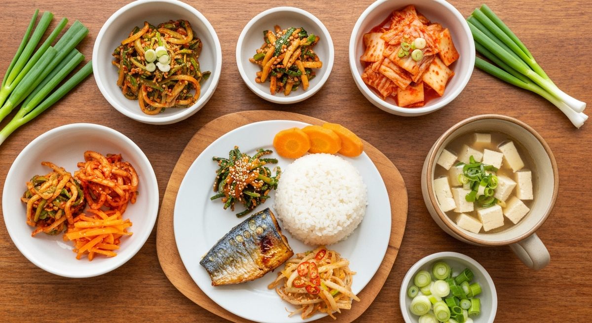 밥, 생선구이, 나물, 김치, 두부 등 건강한 한식 한 상이 나무 테이블 위에 차려진 모습