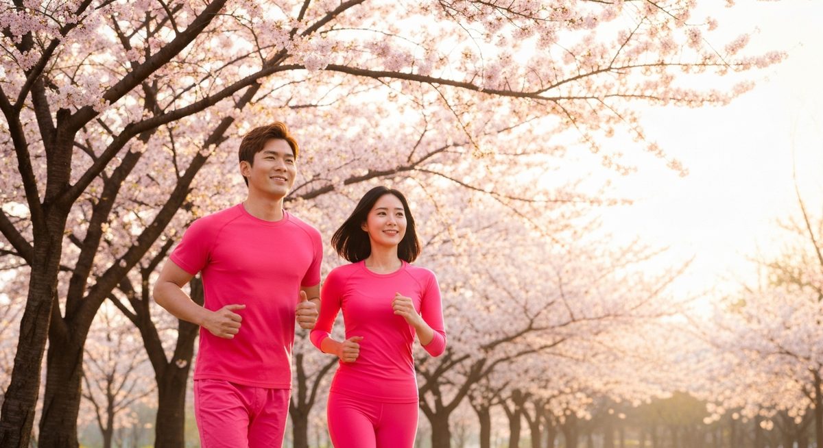 한국인 커플이 벚꽃 핀 공원에서 함께 조깅하며 건강한 생활을 즐기는 모습