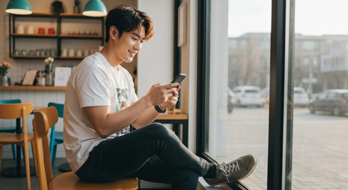 한국 남성이 카페 창가에서 스마트폰으로 SNS 게시물을 작성하는 모습