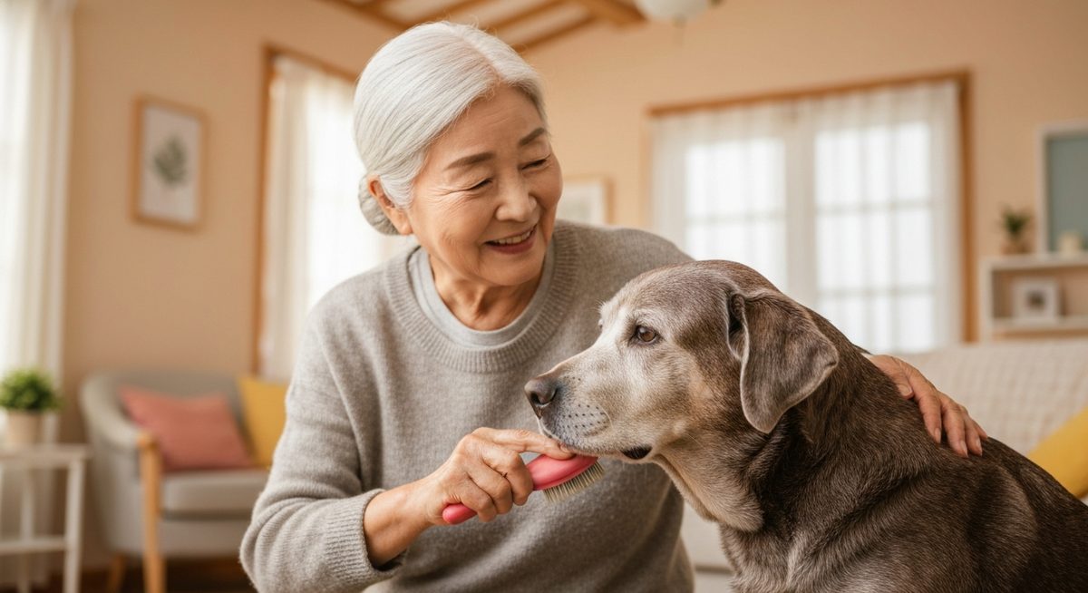 한국 할머니가 거실에서 나이든 리트리버의 털을 부드럽게 빗겨주는 따뜻한 모습