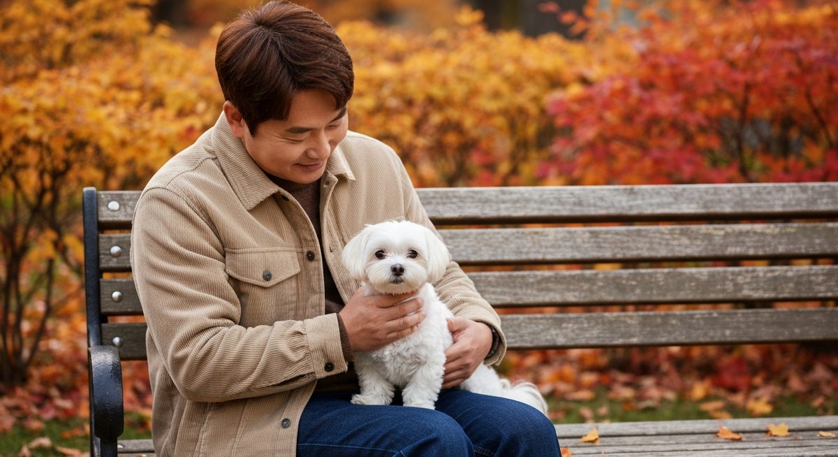 한국 남성이 공원 벤치에서 작은 흰색 말티즈를 무릎 위에 올려놓고 다정하게 쓰다듬는 모습