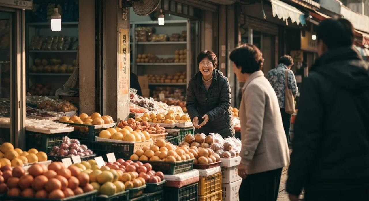 밝은 미소로 손님을 맞이하는 한국 전통시장 상인