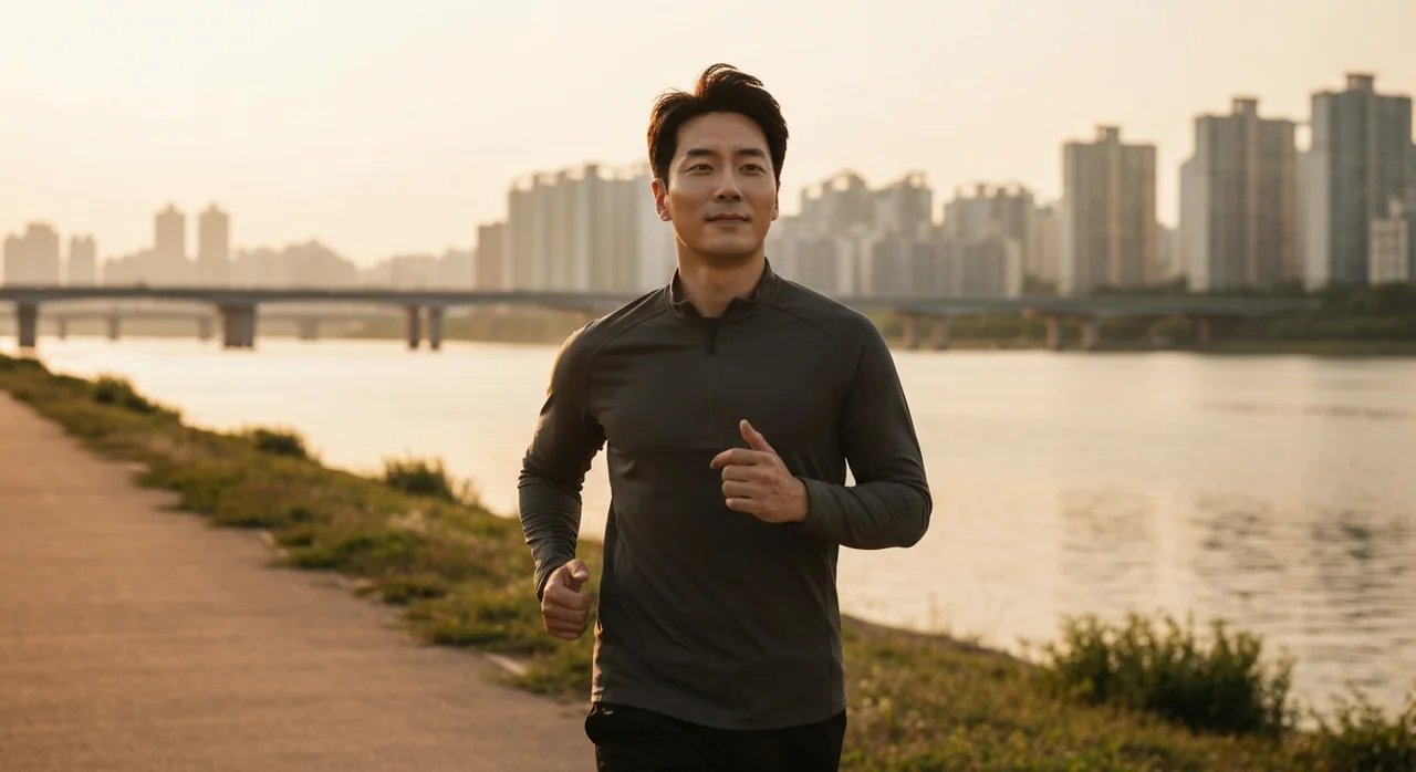 새해 아침 한강에서 조깅하는 모습