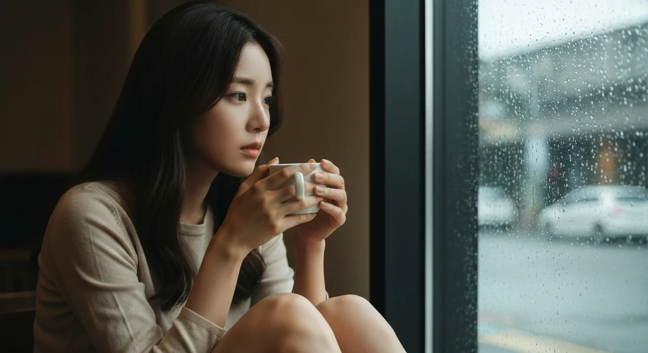 창가에서 홀로 생각에 잠긴 여성