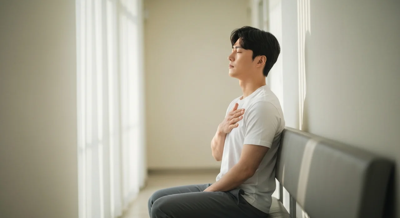 심호흡하며 마음을 가라앉히는 모습