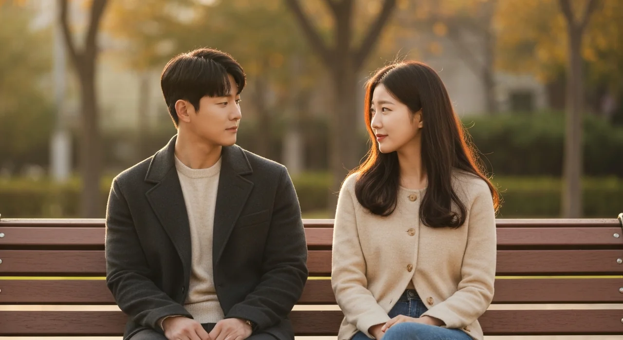 공원 벤치에서 대화를 나누는 커플