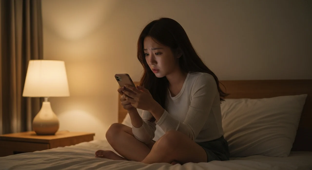 답장을 기다리며 스마트폰을 확인하는 모습