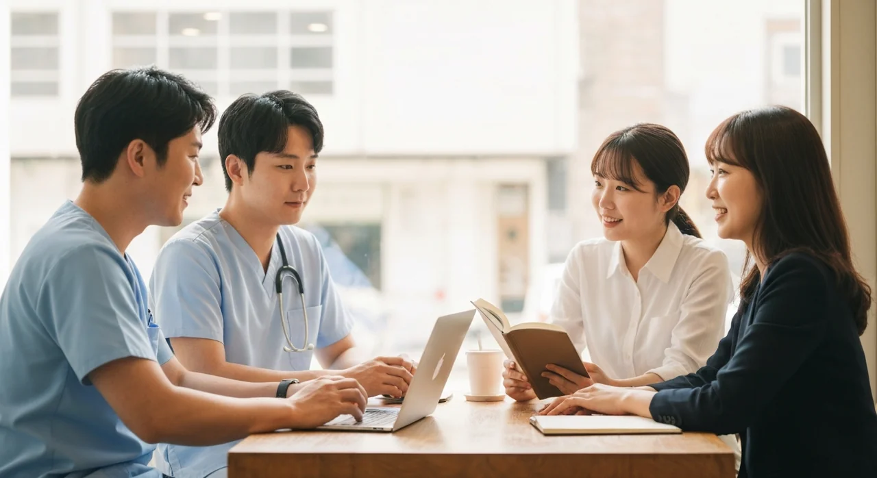 다양한 직업의 한국인들이 카페에서 이야기 나누는 모습