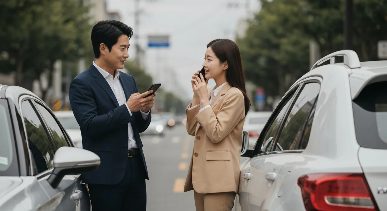 경미 접촉 사고 후 보험사에 연락하는 모습