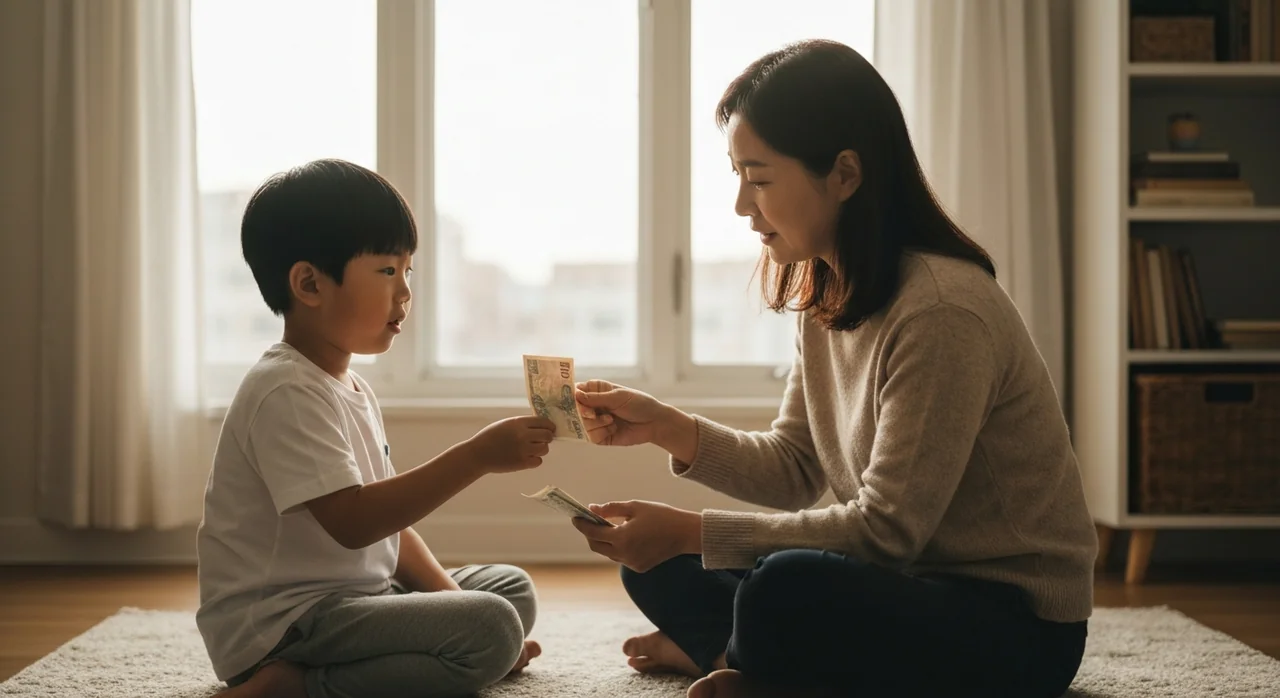 자녀에게 용돈을 주며 대화하는 어머니