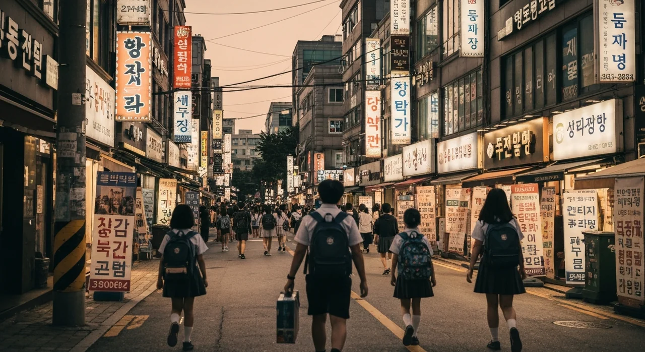 학원가 거리를 귀가하는 학생들
