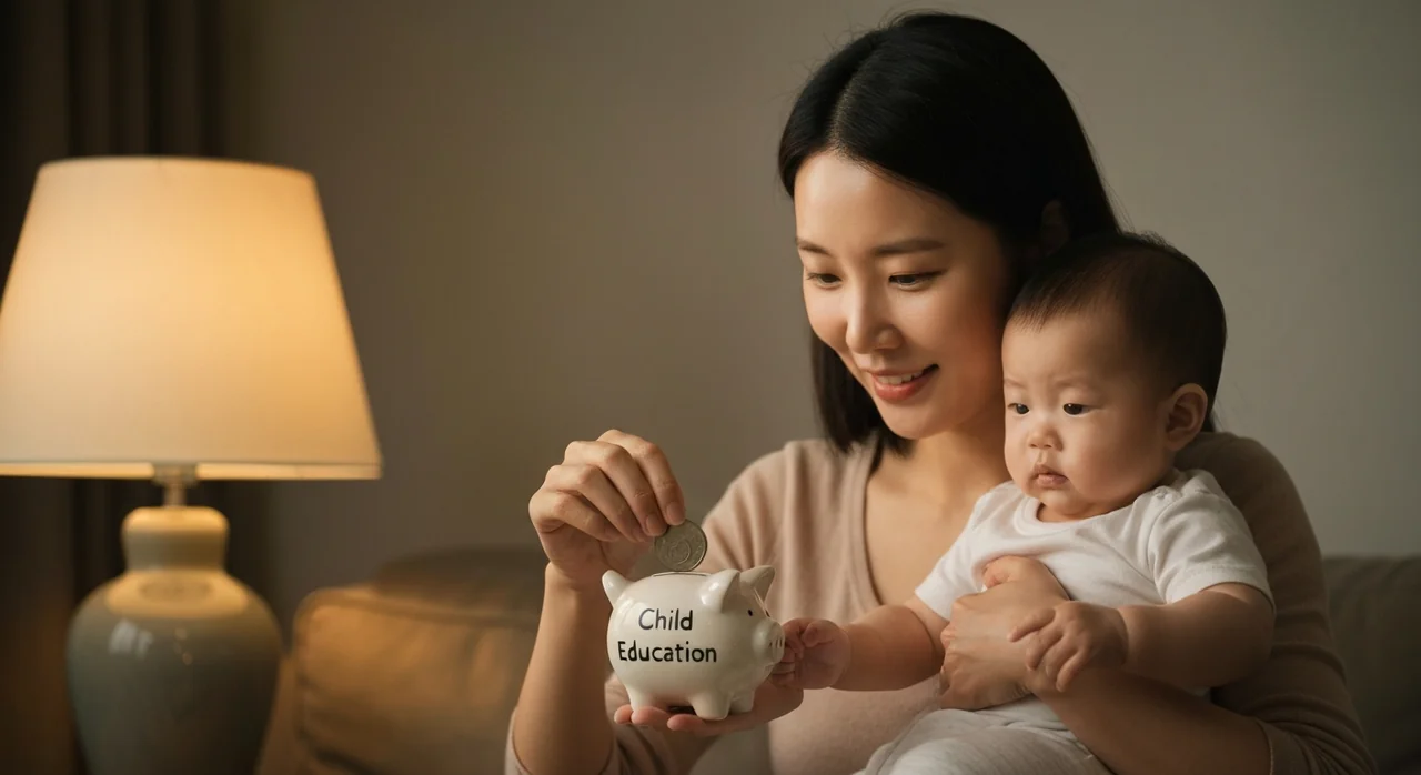 아이 이름이 적힌 저금통에 저축하는 모습