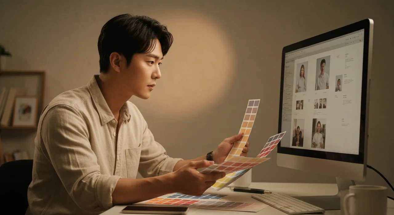 색상 카드와 모니터를 비교하는 디자이너